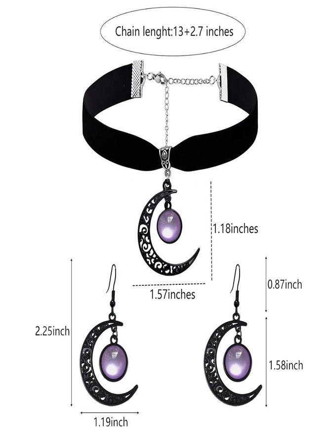 Asiamist Gothic Moon Necklace Earrings Set for Women Black Velvet Choker Necklace Punk Moon Dangle Earring Vintage Crystal Crescent Cameo Pendant Necklaces Goth Jewelry Halloween Costume Accessories (Purple) - Image 2